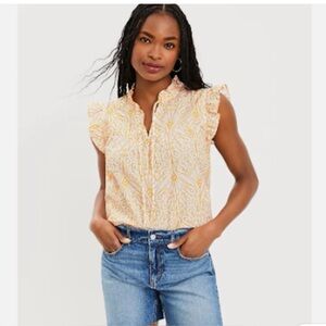Loft Eyelet Ruffle Tie Neck Spring Top White Yellow Embroidery 100% Cotton Sz SP